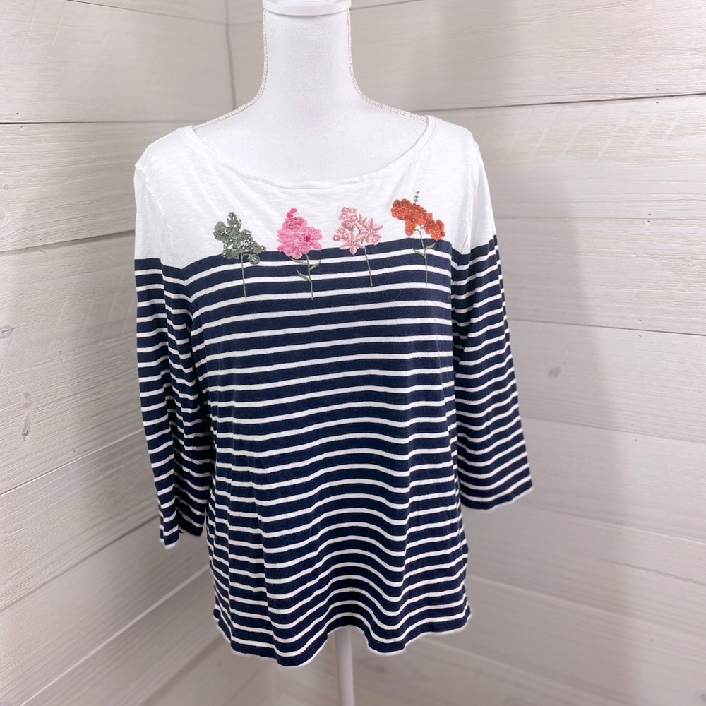 Talbots Striped and Floral Embellished Top XLP FREE SHIP
